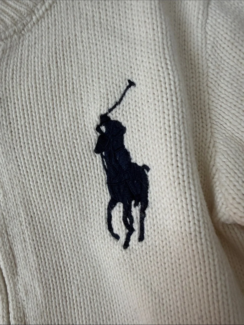 Ralph Lauren Kids Cream Zip Hoodie with Navy Pony and Sleeve Patch